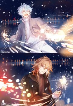 2boys braid closed_eyes commentary english_commentary fireworks highres holding holding_fireworks honkai:_star_rail honkai_(series) jacket long_sleeves male_focus multiple_boys mydei_(honkai:_star_rail) outdoors phainon_(honkai:_star_rail) single_braid smile snow snowing sparkler split_screen teeth turtleneck vankusman white_hair