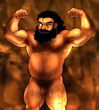 1boy armpits bara beard belly brown_hair completely_nude double_biceps_pose dungeon_meshi dwarf facial_hair feet_out_of_frame flaccid flexing full_beard hairy highres long_beard looking_to_the_side male_focus male_pubic_hair mature_male milkentiddies mustache navel navel_hair nipples nude penis pubic_hair sauna senshi_(dungeon_meshi) solo standing steaming_body stomach sweat thick_arm_hair thick_beard thick_chest_hair thick_eyebrows thick_leg_hair thick_mustache thick_navel_hair uncensored very_hairy
