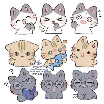 Rule 34 | > <, :3, :d, :p, ?, @ @, ^ ^, animal, animal focus, ayu (mog), blue eyes, blush stickers, book, cat, closed eyes, closed mouth, commentary, dated, english commentary, fish, glasses, green eyes, hand up, heart, holding, holding animal, holding book, holding fish, multiple views, no humans, notice lines, open book, open mouth, original, round eyewear, signature, smile, solid circle eyes, spiral-only eyes, star (symbol), sweat, tongue, tongue out, twitter username, watermark, whiskers