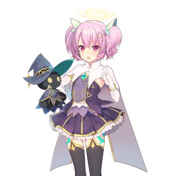 1girl black_dress black_thighhighs bracelet cape commentary_request dress elbow_gloves flat_chest gloves gold_bracelet hair_ornament hairclip halo hat index_finger_raised jewelry mayachi_(amuriya) melo_(uchihime) pomme_(uchihime) purple_hair red_eyes short_hair short_twintails thighhighs twintails uchi_no_hime-sama_ga_ichiban_kawaii white_cape white_gloves witch_hat