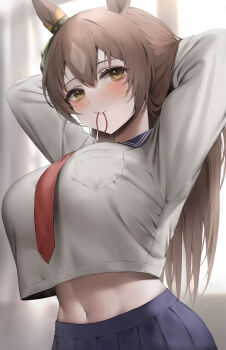 1girl absurdres animal_ears arms_behind_head arms_up backlighting black_skirt blush breasts brown_eyes brown_hair crop_top crop_top_overhang grey_shirt hair_tie hibimaru highres horse_ears indoors large_breasts long_hair long_sleeves midriff mouth_hold navel necktie red_necktie satono_diamond_(umamusume) school_uniform serafuku shirt skirt solo stomach tying_hair umamusume