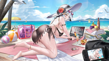 1girl absurdres anklet apple artist_request ass bag ball banana barefoot beach beach_chair beach_towel beach_umbrella beachball black_bow black_nails boat bottle bow bracelet breasts camera cloud drink echocalypse eyewear_on_head flower food fruit gold_anklet gold_bracelet grapes hat hat_bow heart heart_o-ring highres jewelry large_breasts lydia_(echocalypse) mole mole_on_breast nail_polish o-ring o-ring_arm_strap ocean official_art orange_(fruit) orange_slice pillow red_flower sky strawberry sun_hat sunglasses toenail_polish toenails towel tree umbrella watercraft wet white_flower white_hair white_hat yellow_eyes