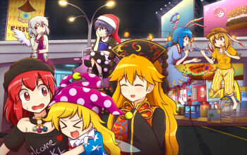 Rule 34 | > <, 6+girls, ?, american flag dress, angel wings, animal ears, barefoot, bishamonten's pagoda, black dress, blonde hair, blue dress, blue eyes, blue hair, burger, chinese clothes, closed eyes, clothes writing, clownpiece, collar, commentary, doremy sweet, dress, earclip, earth (planet), fang, floppy ears, food, hair between eyes, hair ornament, hat, hecatia lapislazuli, jacket, jester cap, jewelry, junko (touhou), kishin sagume, legacy of lunatic kingdom, moon, multiple girls, mystia lorelei, nightcap, open clothes, open jacket, pendant, planet, puffy shorts, purple dress, rabbit ears, red eyes, red hair, ringo (touhou), seiran (touhou), shirt, shorts, silver hair, single wing, tabard, touhou, tupet, wavy hair, wings, wool (miwol)