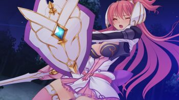 1girl :o armor back_bow blush bow breasts cleavage closed_eyes cowboy_shot dress dutch_angle en_ciel_rena en_ciel_rena_(sin) floating_hair forest frills game_cg gem gloves hair_between_eyes headgear holding holding_shield holding_sword holding_weapon kourin_tenshi_en_ciel_rena large_breasts large_variant_set long_hair long_sleeves miniskirt nature night night_sky non-web_source official_art one_eye_closed open_mouth outdoors panties pantyshot pink_gloves pink_hair pink_skirt pink_thighhighs purple_bow saitou_natsuki shield short_dress shoulder_armor side_ponytail skirt sky solo standing star_(sky) starry_sky suhamaya sword thighhighs tomoe_rena tree underwear variant_set very_long_hair weapon white_dress white_panties