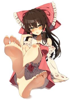 Rule 34 | 1girl, absurdres, ascot, barefoot, bloomers, blush, bow, breasts, brown eyes, brown hair, commentary request, detached sleeves, feet, foot focus, frilled bow, frilled hair tubes, frills, hair bow, hair tubes, hakurei reimu, highres, large breasts, long hair, looking at viewer, red bow, red skirt, ribbon-trimmed sleeves, ribbon trim, seika okawari, sitting, skirt, skirt set, soles, sweat, toes, touhou, underwear, white bloomers, yellow ascot