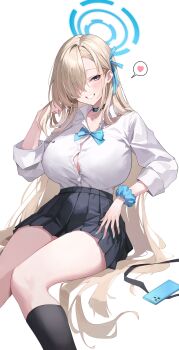 1girl absurdres anri_(user_ncce8585) aqua_bow aqua_bowtie aqua_ribbon asuna_(blue_archive) asuna_(school_uniform)_(blue_archive) asymmetrical_bangs black_choker black_skirt black_socks blonde_hair blue_archive blush bow bowtie breasts button_gap cellphone choker commentary_request feet_out_of_frame fingernails gyaru hair_over_one_eye hair_ribbon halo heart highres huge_breasts invisible_chair kneeling kogal large_breasts long_hair looking_at_viewer miniskirt nail_polish official_alternate_costume one_eye_covered phone pleated_skirt ribbon school_uniform scrunchie shirt shirt_tucked_in simple_background sitting skirt smile socks solo spoken_heart straight_hair very_long_hair white_background white_shirt wrist_scrunchie