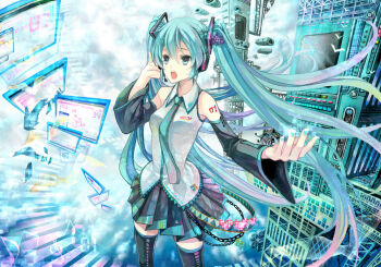 1girl anko_kinako aqua_eyes aqua_hair bad_id bad_pixiv_id belt binary chain detached_sleeves female_focus floating_screen flower hatsune_miku headset long_hair music necktie open_mouth singing skirt solo thighhighs twintails vocaloid zettai_ryouiki