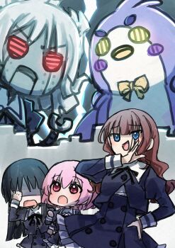 3girls :d :o absurdres assault_lily bird black_hair black_skirt blue_eyes blunt_bangs blunt_ends bow bowtie brown_hair chibi commentary cowboy_shot cropped_jacket facepalm frilled_skirt frills grey_background hand_on_own_face hand_on_own_hip hand_to_own_mouth hand_up high-waist_skirt highres hitotsuyanagi_riri juliet_sleeves kaede_johan_nouvel lightning long_hair long_sleeves looking_ahead mecha mechanization mon-chan_(assault_lily) multiple_girls neck_ribbon no_eyes non-humanoid_robot ojou-sama_pose open_mouth penguin pink_eyes pink_hair puffy_sleeves red_eyes ribbon robot robot_animal robot_bird school_uniform shaded_face shirai_yuyu shirt short_hair skirt smile standing v-shaped_eyebrows wavy_hair white_shirt yellow_bow yellow_bowtie yellow_eyes yozakurayuyu yurigaoka_girls_academy_school_uniform