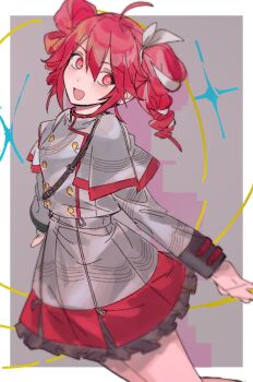 1girl ahoge belt black_belt breasts buttons capelet cowboy_shot drill_hair frills grey_background grey_capelet grey_shirt grey_skirt hair_between_eyes highres kasane_teto kasane_teto_(utau) long_hair long_sleeves looking_afar medium_breasts open_mouth pink_eyes pink_hair quatro10257041 shadow shirt sidelocks simple_background skirt skirt_set smile solo sparkle standing tongue twin_drills utau