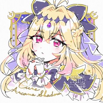 Rule 34 | 1girl, antenna hair, black bow, black capelet, black dress, blonde hair, bow, brooch, capelet, closed mouth, commentary request, crossed bangs, cure arcana shadow, diamond hairband, dot nose, dress, frills, gradient hair, hair intakes, heart, heart brooch, heart in eye, hitopm, holding hands, jewelry, long hair, looking at viewer, magical girl, meitantei precure!, moria ruruka, multicolored hair, pink hair, precure, purple eyes, purple veil, solo, symbol in eye, upper body, veil, white wrist cuffs, wrist cuffs, zooming in