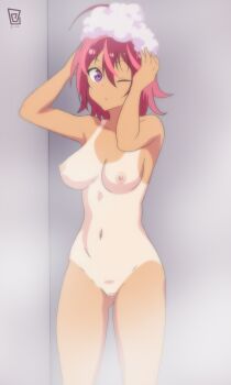 1girl absurdres ahoge bokutachi_wa_benkyou_ga_dekinai breasts censored completely_nude groin highres keihh mosaic_censoring nipples nude one-piece_tan one_eye_closed purple_eyes red_hair short_hair showering soap_bubbles steam takemoto_uruka tan tanline washing_hair