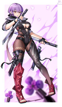 1girl absurdres asymmetrical_legwear ayane_(doa) black_bodysuit bodysuit breast_cutout breasts bug butterfly crossed_bangs dead_or_alive earrings full_body hair_between_eyes highres holding holding_weapon insect jewelry jfzm001 looking_at_viewer mismatched_legwear open_mouth purple_hair red_eyes scabbard sheath short_hair short_sleeves signature solo standing thigh_sheath toes underboob weapon