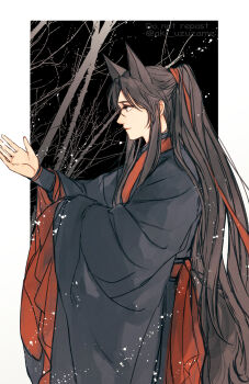 Rule 34 | 1boy, aki uzuzame, alternate hairstyle, animal ears, bare tree, black hair, black hanfu, branch, brown hair, chinese clothes, closed mouth, commentary request, extra ears, fox boy, fox ears, fox tail, from side, grey eyes, hair ribbon, hand up, hanfu, highres, kemonomimi mode, light smile, long hair, long sleeves, looking to the side, male focus, modao zushi, ponytail, profile, red ribbon, red sash, ribbon, robe, sash, sidelocks, snow, snowing, solo, standing, tail, tree, twitter username, very long hair, wei wuxian, wide sleeves