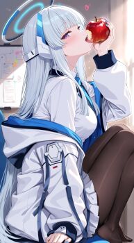 1girl absurdres apple blue_archive blue_nails blue_necktie blush breasts brown_pantyhose collared_shirt commentary_request dasiu food from_side fruit hair_ornament halo hand_on_table heart highres jacket large_breasts licking_food long_hair long_sleeves mechanical_halo necktie noa_(blue_archive) off_shoulder open_mouth pantyhose paper purple_eyes sexually_suggestive shirt sidelocks sitting solo sticky_note teeth tongue tongue_out upper_teeth_only very_long_hair white_hair white_jacket white_shirt whiteboard