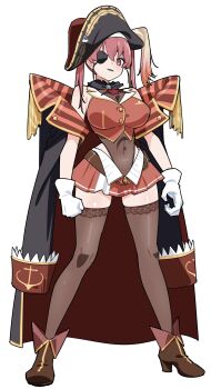 1girl absurdres ascot black_coat boots breasts brown_boots brown_thighhighs coat coat_on_shoulders covered_navel eyepatch gloves hair_between_eyes hat high_heel_boots high_heels highres hololive houshou_marine large_breasts leotard leotard_under_clothes long_hair looking_at_viewer pirate_hat red_ascot red_eyes red_hair saitama_(antitankromeo) simple_background skirt solo standing thighhighs twintails virtual_youtuber white_background white_gloves