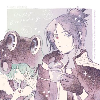 Rule 34 | 1boy, 1girl, black gloves, black hair, border, commentary, cup, dated commentary, fork, fran (reborn), frog hat, gloves, green eyes, green hair, happy birthday, heterochromia, holding, holding cup, holding fork, jewelry, katekyo hitman reborn!, ring, rokudou mukuro, ryokuno green, smile, utensil in mouth, v, white border