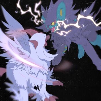 absol black_background claws colored_sclera electricity fangs gen_3_pokemon gen_4_pokemon hosinyanko looking_at_another luxray mega_absol mega_pokemon nintendo no_humans open_clothes open_mouth pokemon pokemon_(creature) red_sclera yellow_eyes