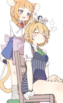 2girls :d ahoge animal animal_ears animal_on_lap apron blonde_hair blue_eyes blue_overalls blue_skirt blush braid breasts bubbles_(dooby) chair closed_eyes closed_mouth collared_shirt commentary cutting_another&#039;s_hair cutting_hair dog dooby dooby_(1st_costume) from_side gloves green_neckerchief grey_socks hair_ornament hands_up highres holding holding_scissors indie_virtual_youtuber long_hair long_sleeves low_twin_braids mau-chan_(7name) miniskirt mouse_ears mouse_girl mouse_tail multicolored_hair multiple_girls neckerchief necktie no_shoes on_chair on_lap open_mouth orange_hair orobou overall_shorts overalls pink_apron red_necktie scissors shirt short_eyebrows short_hair short_sleeves simple_background sitting skirt small_breasts smile socks split_mouth standing streaked_hair striped_clothes symbol-only_commentary tail teeth thick_eyebrows twin_braids upper_teeth_only vertical-striped_clothes vertical-striped_overalls virtual_youtuber white_background white_gloves white_shirt