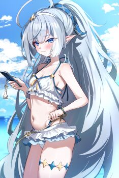 1girl absurdres ahoge bare_shoulders bikini blue_eyes blush breasts commentary female_tyrant_(stella_sora) grey_hair hair_between_eyes high_ponytail highres long_hair looking_at_viewer navel pointy_ears ponytail sak_(lemondisk) small_breasts smile solo stella_sora swimsuit tyrant_(stella_sora) very_long_hair white_bikini