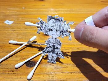 1girl :3 ahoge bow closed_mouth commentary cotton_swab double_bun dress english_commentary gloves hair_bow hair_bun highres hololive hololive_indonesia jqhnharqld kureiji_ollie paper_cutout_(medium) papercraft_(medium) patchwork_clothes shoes smile standing stitches unconventional_media virtual_youtuber zombie