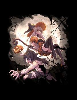 1boy 1girl alternate_costume animal_ear_fluff animal_ears bat_(animal) black_hair black_thighhighs blue_eyes boots cat_ears cat_girl chinese_commentary commentary_request cyacyacyacyaki fake_claws floating_hair full_moon halloween halloween_costume hat high_heel_boots high_heels highres long_hair looking_at_viewer mio_(xenoblade) moon noah_(xenoblade) open_mouth smile thighhighs topless_male white_hair witch_hat xenoblade_chronicles_(series) xenoblade_chronicles_3 yellow_eyes