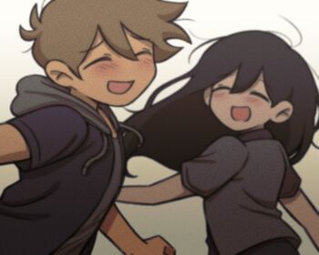 1boy 1girl absurdres alternate_costume antenna_hair black_hair blue_jacket blush brown_hair closed_eyes commentary dark-skinned_male dark_skin double-parted_bangs english_commentary grey_shirt hair_between_eyes hero_(faraway)_(omori) hero_(omori) highres hood hooded_jacket jacket long_hair mari_(faraway)_(omori) mari_(omori) omori open_clothes open_jacket open_mouth setosexual shirt short-sleeved_jacket short_hair short_sleeves smile