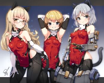 3girls alice_gear_aegis animal_ears black_thighhighs blonde_hair blue_eyes blunt_bangs breasts cat_ears cat_tail commentary_request cowboy_shot creator_connection dog_ears doyouwantto erica_hartmann grey_eyes grey_hair leotard loli long_hair mechanical_arms multiple_girls perrine_h._clostermann red_leotard sanya_v._litvyak short_hair signature single_mechanical_arm small_breasts strike_witches tail thighhighs world_witches_series