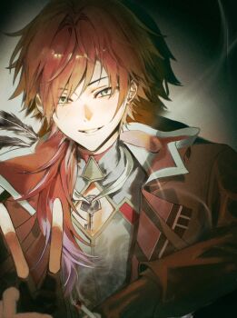 1boy black_gloves cigarette cleavage_cutout clothing_cutout commentary feathers fingerless_gloves gloves green_eyes hair_between_eyes highres jacket key lauren_iroas lauren_iroas_(1st_costume) long_hair long_sleeves looking_at_viewer male_focus nijisanji open_clothes open_jacket parted_lips ponytail r9ckst6r red_hair side_ponytail smile smoke smoke_trail smoking solo symbol-only_commentary upper_body v