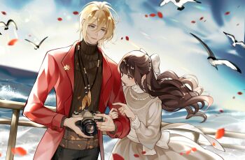 1boy 1girl alkaid_mcgrath alkaid_mcgrath_(corridor_of_fate) bird black_pants black_sweater blonde_hair blunt_bangs bow brown_eyes brown_hair camera chinese_commentary closed_mouth coat commentary_request cowboy_shot day dress falling_petals feather_necklace glint green_eyes hair_between_eyes hair_bow height_difference heroine_(lovebrush_chronicles) highres holding holding_camera jewelry lapel_pin lapels lens_flare locked_arms long_hair long_sleeves looking_at_another looking_at_object lovebrush_chronicles medium_hair necklace notched_lapels ocean open_clothes open_coat outdoors pants parted_lips pearl_hair_ornament pearl_necklace petals pointing railing red_coat red_lips ring rose_petals seagull sleeve_bow smile standing star_(symbol) sweater turtleneck turtleneck_dress turtleneck_sweater waist_bow wangulongdong wavy_hair wedding_ring white_bow white_dress