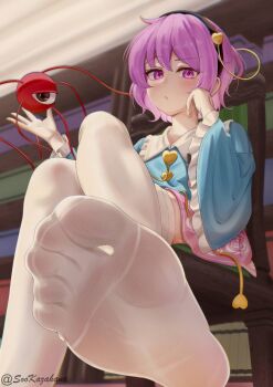 1girl :/ black_hairband blue_shirt blurry blurry_background buttons chair commentary_request crossed_legs eyeball feet floral_print foot_focus foot_out_of_frame frilled_shirt_collar frills from_below hair_ornament hairband hand_on_own_cheek hand_on_own_face hands_up heart heart_button heart_hair_ornament highres indoors komeiji_satori long_sleeves looking_at_viewer on_chair perspective pink_eyes pink_hair pink_skirt raised_eyebrow see-through_clothes see-through_legwear shirt short_hair sitting skirt soles solo soo_kazahana stenciled_rose thighhighs third_eye toes touhou white_thighhighs wide_sleeves