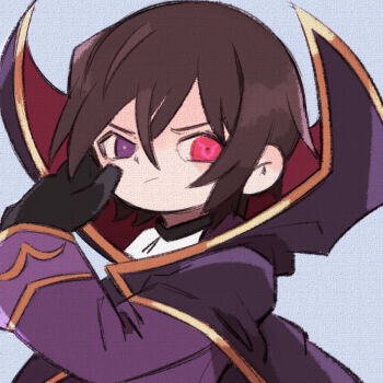 brown_hair cape closed_mouth code_geass geass gloves heterochromia lelouch_vi_britannia long_sleeves male_focus purple_eyes red_eyes simple_background yknsugar