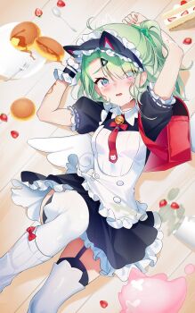 Rule 34 | 1girl, animal ear hairband, animal ears, bell, black dress, black garter straps, blush, cat ear hairband, cat ears, commentary, cup, dress, english commentary, fake animal ears, fallen down, food, frilled dress, frills, fruit, garter straps, green hair, hair ornament, hairband, highres, looking at viewer, lying, maid, maid headdress, neck bell, official alternate costume, on back, open mouth, plate, ponytail, red bag, rimuu, solo, spill, spoon, strawberry, sunna (afternoon tea break) (zenless zone zero), sunna (zenless zone zero), triangle hair ornament, white wings, winged bag, wings, zenless zone zero