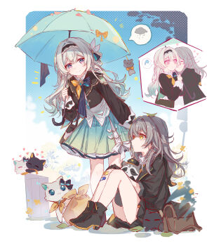 2girls absurdres aged_down aqua_hair aqua_skirt bandaid bandaid_on_leg black_boots black_gloves black_hairband black_jacket black_skirt boots border cat closed_mouth firefly_(honkai:_star_rail) gloves gradient_eyes grey_hair hair_ornament hairband highres holding holding_umbrella honkai:_star_rail honkai_(series) jacket long_hair long_sleeves looking_at_another multicolored_eyes multicolored_hair multiple_girls multiple_views official_alternate_costume raccoon shirt sitting skirt smile spoken_symbol standing stelle_(honkai:_star_rail) trailblazer_(honkai:_star_rail) trash_bag trash_can umbrella white_border white_cat white_shirt yajuu yellow_eyes