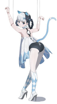 1girl absurdres android animal_ears argyle_clothes argyle_socks arms_up ass back bambinata:_vitrum_(pgr) bambinata_(pgr) bare_shoulders black_hair black_pantyhose blue_eyes blue_socks blush bow braid braided_hair_rings cat_ears cat_girl cat_tail closed_mouth detached_collar doll_joints female_focus flat_chest freckles from_behind full_body grey_hair grey_shoes hair_ornament hair_rings hair_tie hairclip heart heart_in_eye high_heels highres joints kneehighs leaning_forward legs light_blush looking_at_viewer looking_back multicolored_hair nai_gai pantyhose punishing:_gray_raven puppet_strings shirt shoes short_hair simple_background socks solo standing strapless strapless_shirt symbol_in_eye tail tail_bow tail_ornament thighs tube_top two-tone_hair white_background white_bow white_pantyhose white_shirt