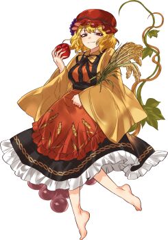 Rule 34 | 1girl, aki minoriko, apple, apron, barefoot, blonde hair, food, food-themed hair ornament, frilled skirt, frills, fruit, full body, grape hair ornament, grey nagato, hair ornament, hat, highres, holding, holding food, holding fruit, long hair, mountain of faith, print apron, red apron, red eyes, red hat, short hair, simple background, skirt, smile, solo, touhou, wheat, wheat print, white background, wide sleeves