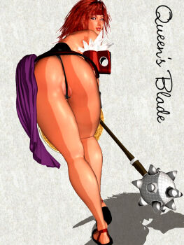 1girl armband ass bent_over copyright_name from_behind grey_background headband holding holding_weapon kill_the_king legs looking_at_viewer looking_back mace mature_female panties partially_visible_vulva queen's_blade red_hair risty_(queen's_blade) sandals shadow solo spiked_mace spikes thong underwear weapon