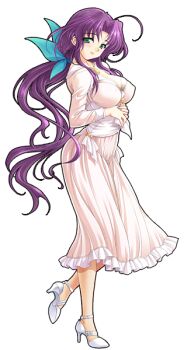 1girl ahoge aoi_sakura_(tsuma_shibori) breasts cleavage dress full_body game_cg green_eyes hair_ribbon high_heels kuroda_akimi large_breasts long_hair low_ponytail non-web_source official_art pink_dress ponytail purple_hair ribbon standing standing_on_one_leg tsuma_shibori tsumamigui_(series)