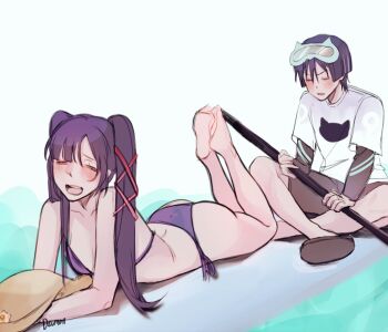 1boy 1girl alternate_costume artist_name ass bare_shoulders barefoot bikini black_shorts black_sleeves blunt_bangs blunt_ends blush breasts brown_sandals choppy_bangs cleavage closed_eyes collarbone contemporary deimonkun eyelashes facing_another facing_viewer feet_up flower genshin_impact goggles goggles_on_head hair_ribbon hat hat_flower holding holding_oar indian_style layered_sleeves long_hair long_sleeves lying median_furrow mona_(genshin_impact) oar on_stomach open_mouth parted_bangs purple_bikini purple_hair red_ribbon ribbon sandals scaramouche_(genshin_impact) shirt short_sleeves shorts side-tie_bikini_bottom sitting sketch small_breasts sun_hat surfboard swimsuit teeth tongue twintails upper_teeth_only white_background white_shirt white_sleeves