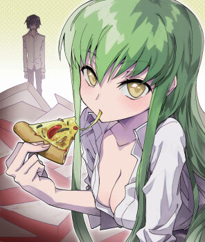 1boy 1girl black_hair blush breasts c.c. cleavage code_geass collarbone commentary_request eating eyelashes food gradient_background green_hair highres holding holding_food holding_pizza konokami_harai lelouch_vi_britannia long_hair looking_at_viewer medium_breasts open_clothes open_shirt pizza pizza_box pizza_slice polka_dot polka_dot_background shirt short_hair simple_background standing upper_body white_shirt yellow_background yellow_eyes
