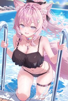1girl absurdres alternate_costume animal_ear_fluff animal_ears antenna_hair artist_name bikini black_bikini blurry bokeh braid braided_bun breasts cleavage commentary_request crown_braid curio_(curiofinity) depth_of_field hair_bun hakui_koyori hexagon_hair_ornament highres hololive kokoro_(hakui_koyori) large_breasts looking_at_viewer navel open_mouth pink_eyes pink_hair pink_tail ponytail pool pool_ladder poolside skindentation smile swimsuit tail thigh_strap virtual_youtuber white_background wolf_ears wolf_girl wolf_tail