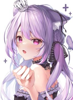 Rule 34 | 1girl, absurdres, animal ears, black bow, black collar, black ribbon, black tube top, bow, breasts, cat ears, cat girl, cat tail, collar, commentary request, crown, detached collar, ear ribbon, fang, frilled tube top, frills, hair bow, highres, ina uruu, long hair, looking at viewer, looking to the side, low twintails, medium breasts, mini crown, mugi maccha, multicolored hair, nanashi inc., open mouth, pink eyes, pink hair, purple hair, ribbon, simple background, skin fang, solo, strapless, tail, tube top, twintails, two-tone hair, upper body, virtual youtuber, white background