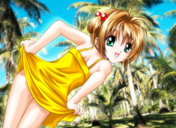 1girl :d ass brown_hair cardcaptor_sakura clothes_lift dress green_eyes highres kinomoto_sakura loli open_mouth outdoors quality skirt skirt_lift smile white_sail yellow_dress