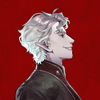 Rule 34 | 1boy, astarion, baldur's gate, baldur's gate 3, chinese commentary, dungeons & dragons, dungeons &amp; dragons, elf, fangs, highres, jingyu wang, male focus, official alternate costume, pale skin, pointy ears, portrait, procreate (medium), profile, red background, red eyes, short hair, solo, vampire, wavy hair, white hair