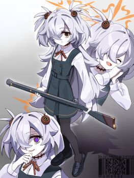 1girl antique_firearm black_pantyhose black_shoes blue_archive blunderbuss brown_eyes commentary_request dress expressionless firearm grey_background grey_hair gun hair_ornament hair_over_one_eye highres holding holding_gun holding_weapon kanoe_(blue_archive) long_hair long_sleeves looking_at_viewer momokaz multiple_views open_mouth own_hands_together pantyhose pinafore_dress purple_eyes shoes simple_background sleeveless sleeveless_dress smile two_side_up weapon