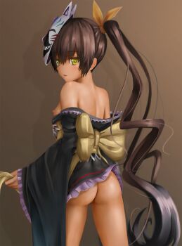 Rule 34 | 10s, 1girl, aki99, ass, bare shoulders, black hair, breasts, censored, dark-skinned female, dark skin, female focus, fox mask, hair ribbon, highres, japanese clothes, kimono, long hair, mask, master nemesis, mosaic censoring, nipples, no panties, off shoulder, pussy, revision, ribbon, side ponytail, simple background, small breasts, solo, to love-ru, to love-ru darkness, very long hair, yellow eyes, yukata
