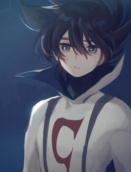 1boy bad_id bad_pixiv_id black_hair blue_eyes bodysuit casshern casshern_(series) casshern_sins high_collar male_focus namihaya portrait solo spiked_hair upper_body white_bodysuit