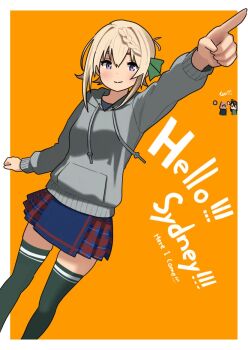 1boy 2girls adapted_costume admiral_(kancolle) blonde_hair blue_skirt commentary_request drawstring english_text green_thighhighs hood hooded_sweater kantai_collection multiple_girls nagato_(kancolle) orange_background perth_(kancolle) plaid_clothes plaid_skirt pleated_skirt pointing purple_eyes short_hair skirt solo_focus sweater thighhighs timmyyen