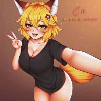 1girl animal_ear_fluff animal_ears black_shirt blush breasts cn_author fox_ears fox_girl fox_tail looking_at_viewer orange_background orange_eyes orange_hair senko_(sewayaki_kitsune_no_senko-san) sewayaki_kitsune_no_senko-san shirt simple_background smile solo tagme tail tongue tongue_out