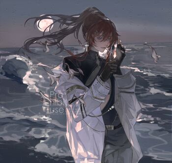 absurdres belt black_belt black_gloves black_shirt cigarette closed_mouth coat cowboy_shot cross cross_earrings earrings eyelashes fingerless_gloves fire floating_hair full_moon gloves grey_eyes grey_necktie hair_between_eyes hair_ornament hairpin high_ponytail highres holding jewelry lighter lighting_cigarette lin_yu_41922 lips long_hair long_sleeves looking_at_object moon necktie ocean original outdoors ponytail red_hair shirt sidelocks standing water watermark waves white_coat wind zippo_lighter