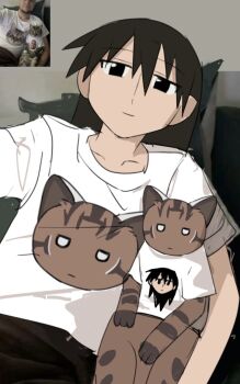 Rule 34 | 1girl, alsdhpvp4, animal, azumanga daiou, black eyes, black hair, blank eyes, cat, closed mouth, commentary, hair between eyes, highres, indoors, iriomote cat, long hair, looking at viewer, mayaa (azumanga daioh), meme, print shirt, sakaki (azumanga daioh), selfie, shirt, short sleeves, smile, t-shirt, upper body, white shirt